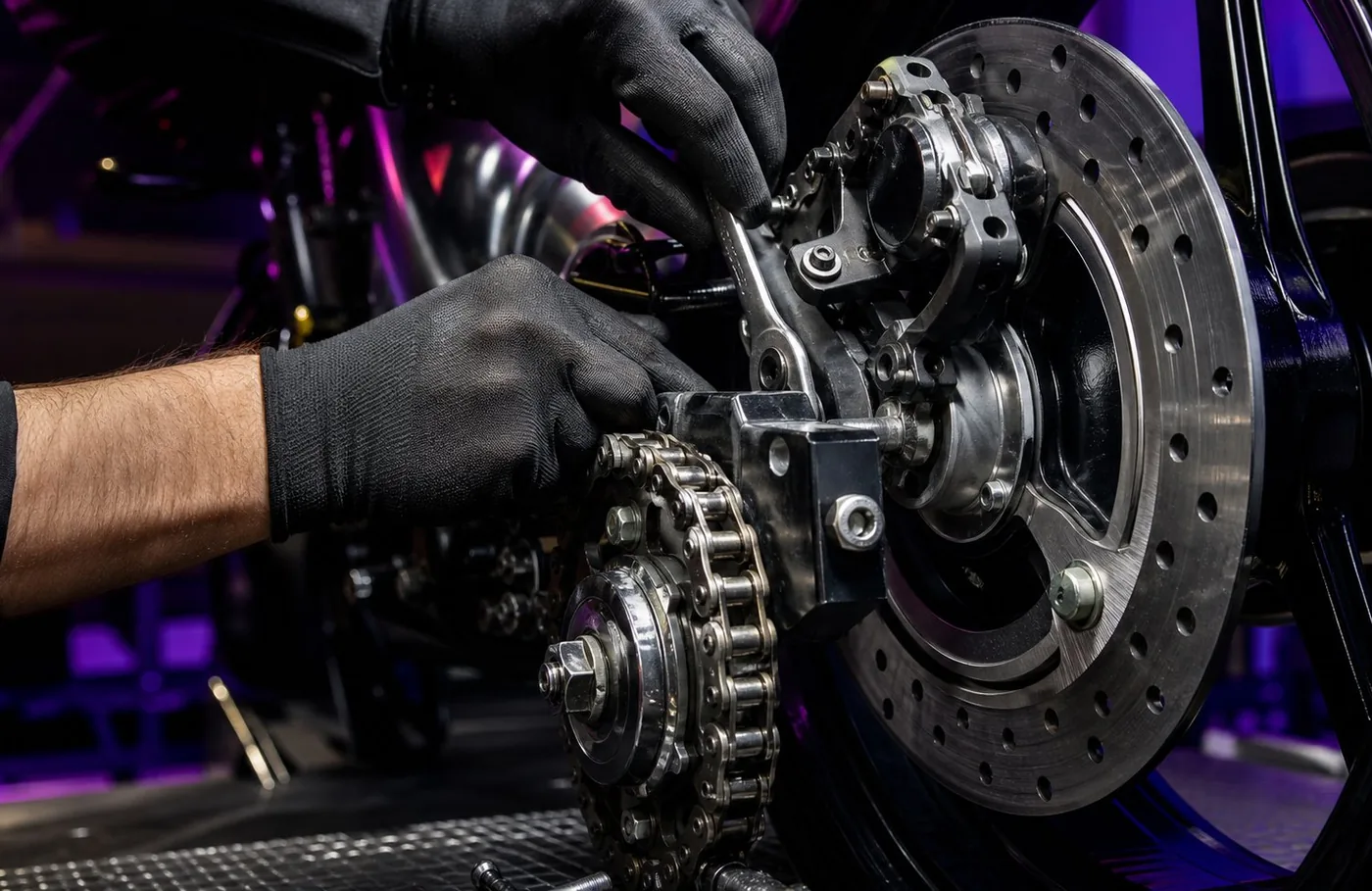 Technician servicing motorcycle brakes