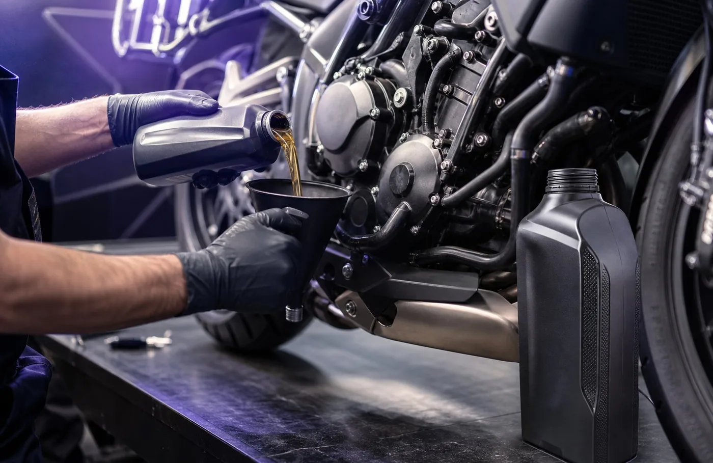 Mechanic pouring fresh engine oil