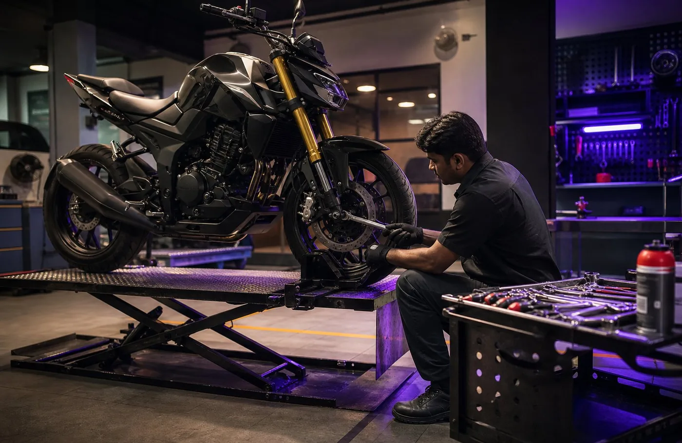 Motorcycle on a service lift