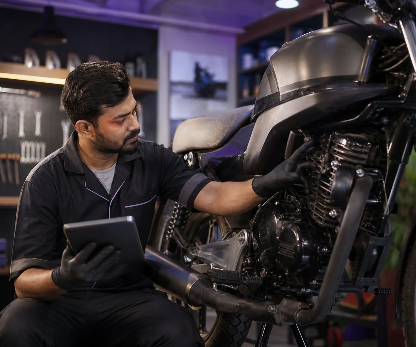 Indian motorcycle technician carefully inspecting a modern bike in a clean professional workshop